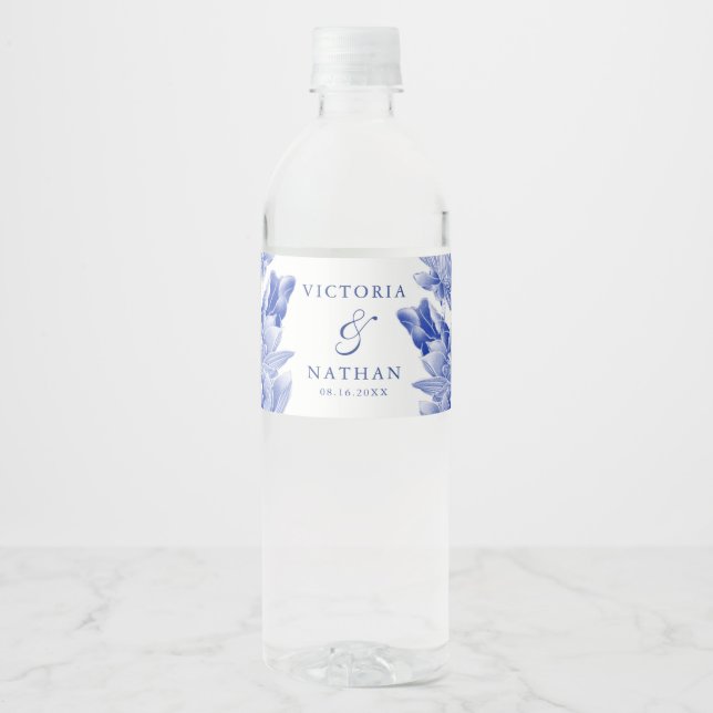 Classic Elegant Blue and White Floral Wedding  Water Bottle Label (Front)