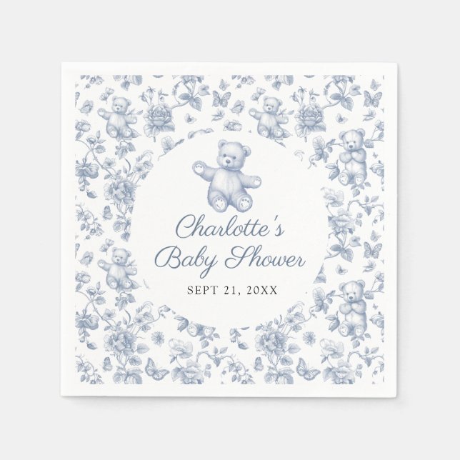 Classic Elegant Blue Boy Bear Baby Shower Toile Napkin (Front)