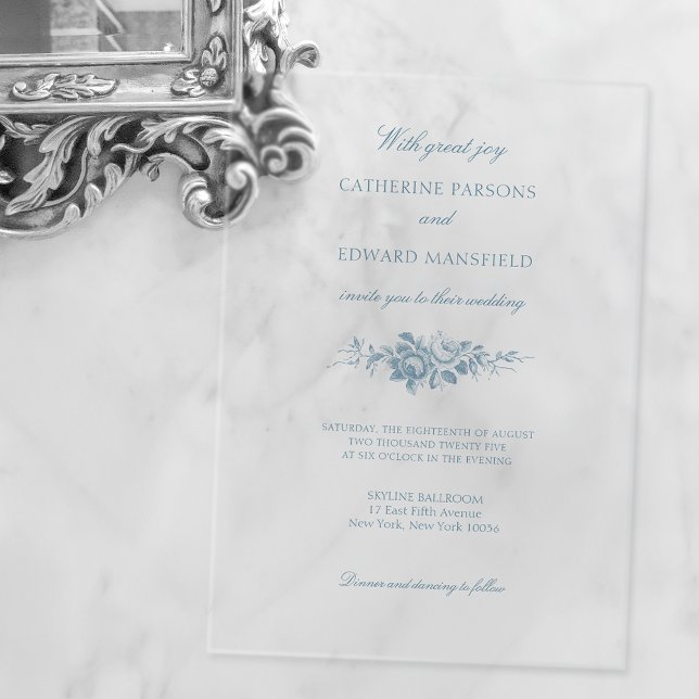 Classic Elegant Blue Engraved Floral Acrylic Invitations (Creator Uploaded)