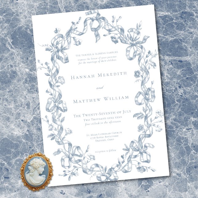 Classic Elegant Blue Oval Ribbon Frame Wedding Invitation (Classic Elegant Blue Oval Ribbon Frame Wedding Invitation)