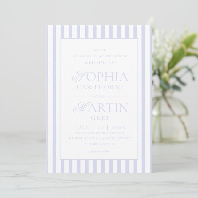 Classic Elegant Blue Striped Wedding  Invitation (Standing Front)