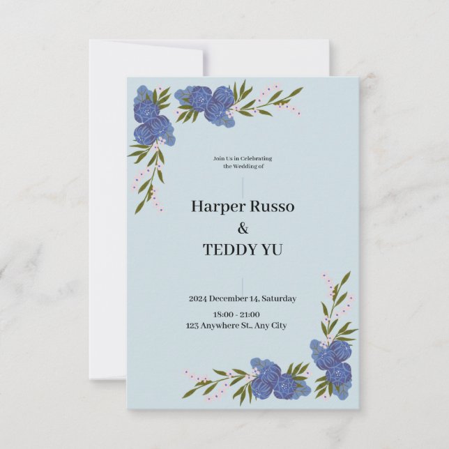 Classic elegant blue wedding invitation (Front)