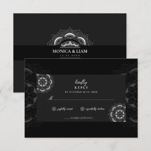 Classic Elegant Boho Mandala Ornate Black Wedding RSVP Card