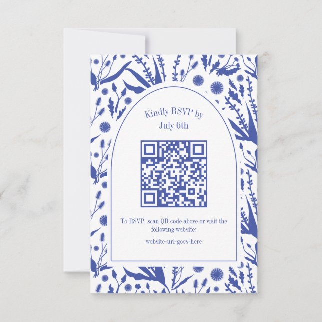 Classic Elegant Botanicals in Blue QR Code RSVP Card (Front)