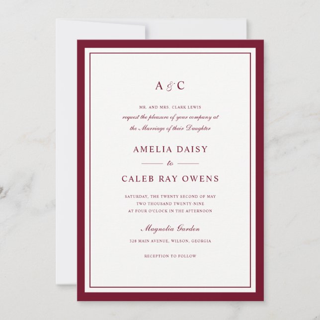 Classic Elegant Burgundy Border Frame Wedding Invitation (Front)