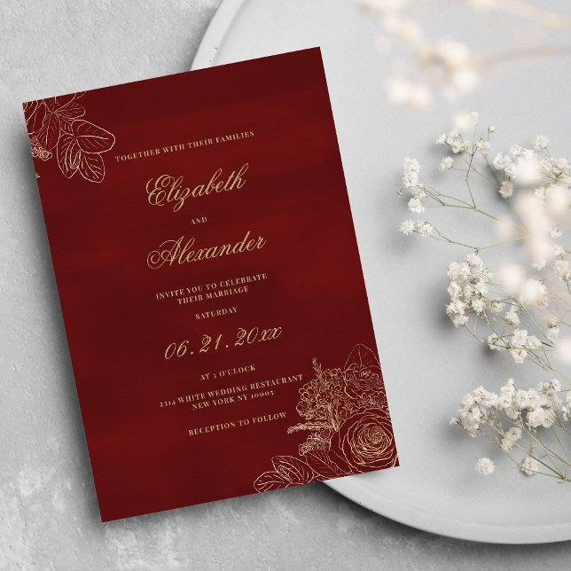 Classic elegant burgundy gold foil flowers wedding invitation (Classic elegant burgundy gold foil flowers wedding)