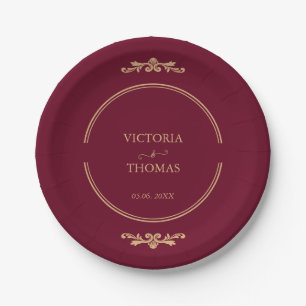 Classic Elegant Burgundy & Gold Wedding Paper Plate