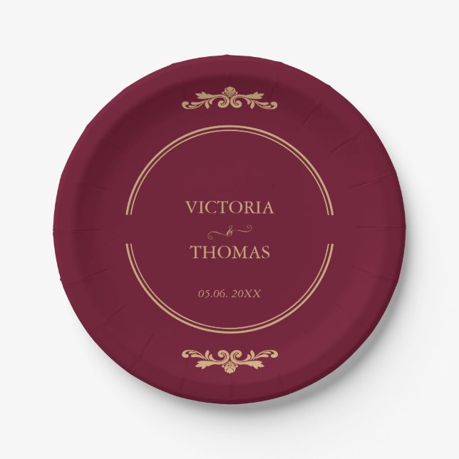 Classic Elegant Burgundy & Gold Wedding  Paper Plate (Front)