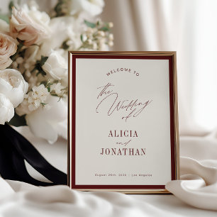 Classic elegant burgundy ivory wedding welcome poster