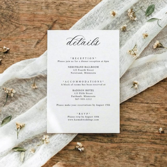 Classic Elegant Calligraphy Wedding Details Enclosure Card (Classic black and white wedding details card with elegant calligraphy and traditional script)