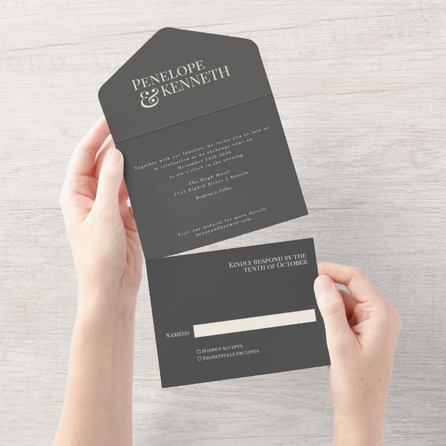 Classic Elegant Charcoal Grey Typography Wedding All In One Invitation (Tearaway)