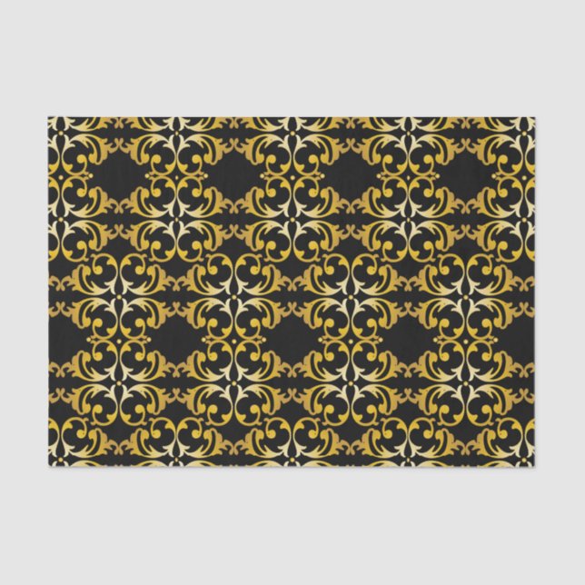 Classic Elegant Chic Gold and Black Damask Pattern Tissue Paper (Front)