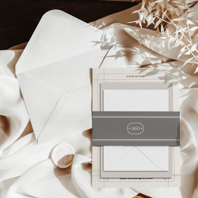 Classic Elegant Chic Grey Wedding Monogram Invitation Belly Band (Creator Uploaded)