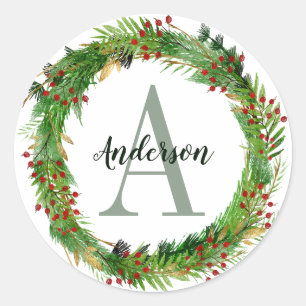 Classic Elegant Christmas Wreath Monogram Initial Classic Round Sticker