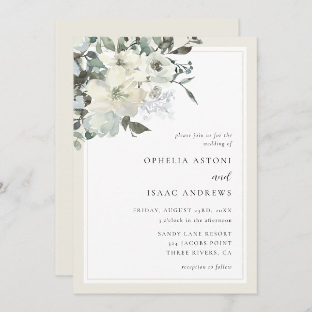 Classic Elegant Cream Ivory Floral Wedding  Invitation (Front/Back)