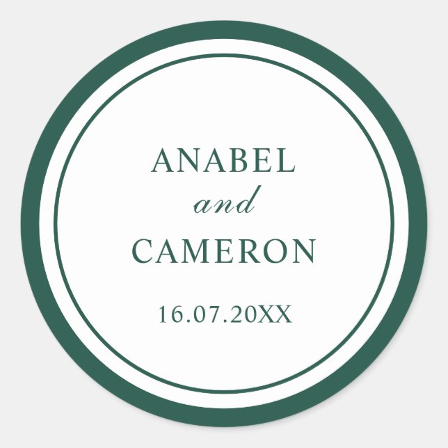 Classic Elegant Dark Green Frame Wedding Round Sticker (Front)