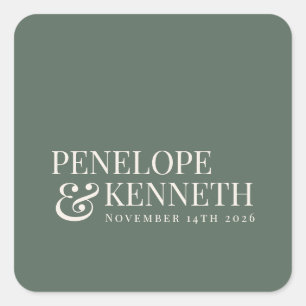 Classic Elegant Dark Sage Custom Wedding Names Square Sticker