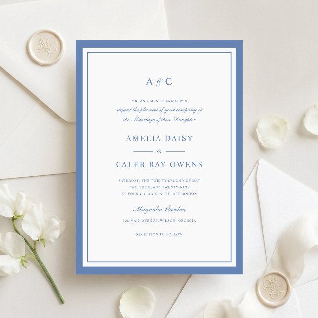 Classic Elegant Dusty Blue Border Frame Wedding Invitation (Creator Uploaded)