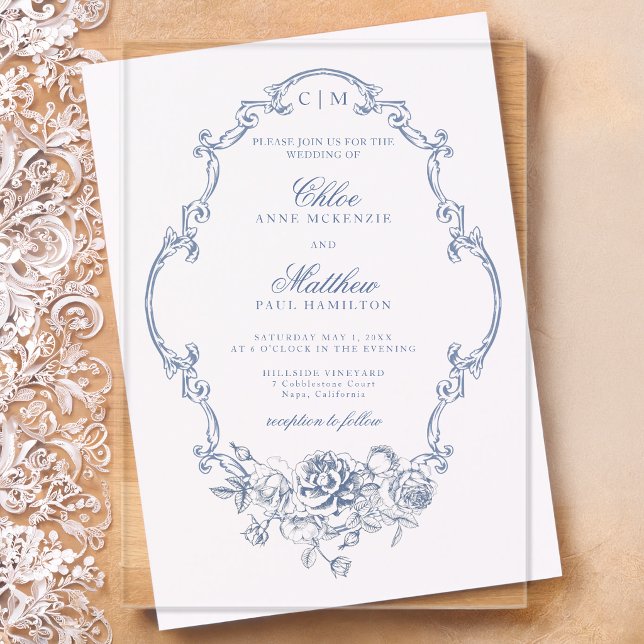 Classic Elegant Dusty Blue Floral Frame Wedding Acrylic Invitations (Creator Uploaded)