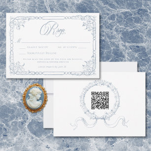 Classic Elegant Dusty Blue Floral Frame Wedding QR RSVP Card
