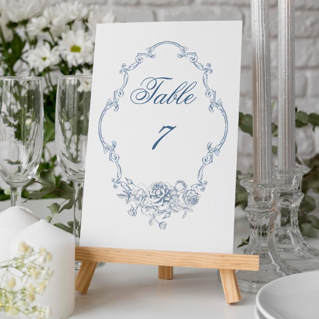 Classic Elegant Dusty Blue Floral Frame Wedding Table Number (Creator Uploaded)