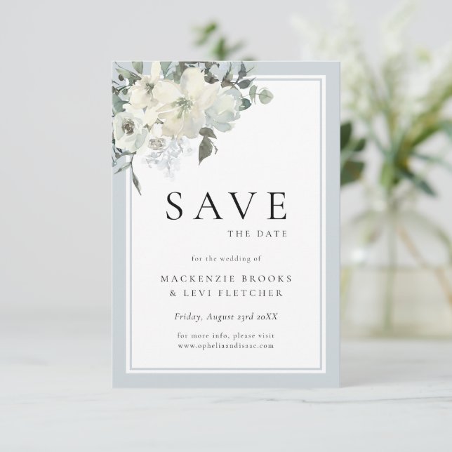 Classic Elegant Dusty Blue Floral  Save The Date (Standing Front)