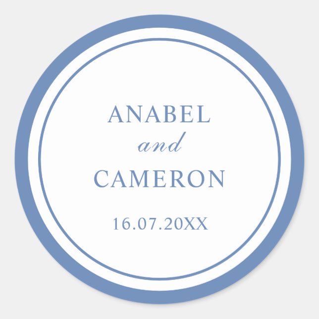 Classic Elegant Dusty Blue Frame Wedding Round Sticker (Front)