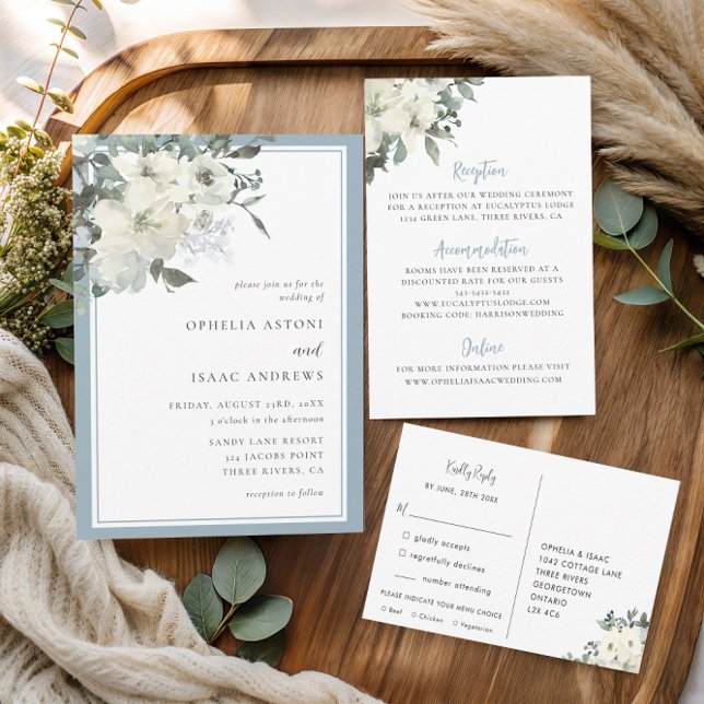 Classic Elegant Dusty Blue Ivory Floral Wedding Invitation (Creator Uploaded)