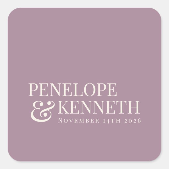Classic Elegant Dusty Purple Custom Wedding Names Square Sticker (Front)