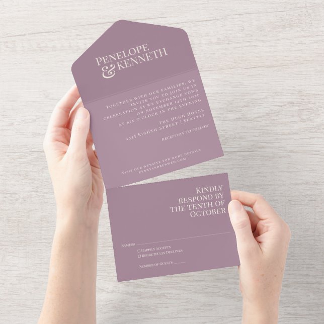 Classic Elegant Dusty Purple Typography Wedding All In One Invitation (Tearaway)