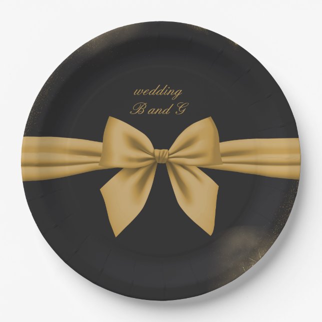 classic elegant filigree  black golden wedding  paper plate (Front)