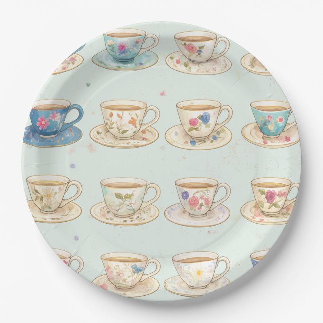 Classic Elegant Floral Vintage Teacups Paper Plate (Front)