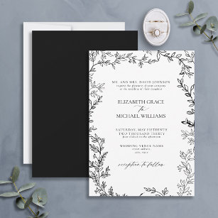 Classic Elegant Formal Black White Leafy Wedding Invitation