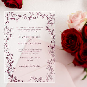 Classic Elegant Formal Burgundy Leafy Wedding Acrylic Invitations