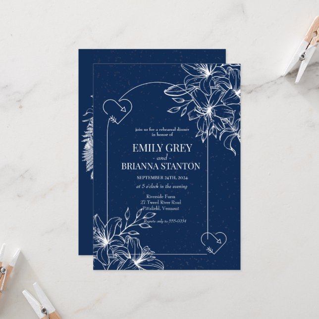 Classic Elegant Formal Navy Blue Rehearsal Dinner Invitation (Front/Back In Situ)