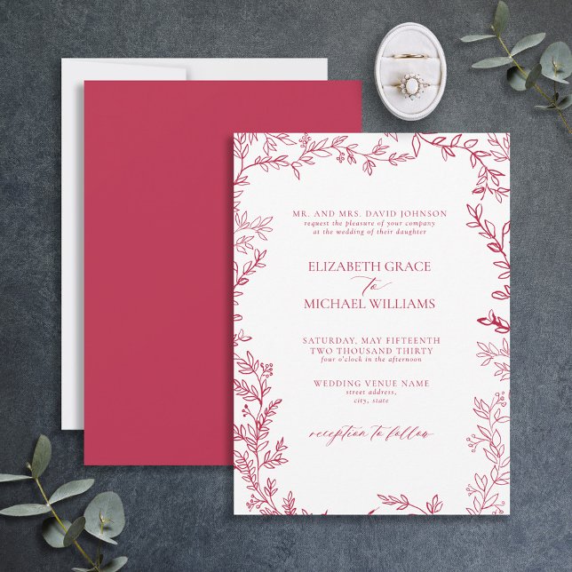 Classic Elegant Formal Vivid Magenta Leafy Wedding Invitation (Creator Uploaded)
