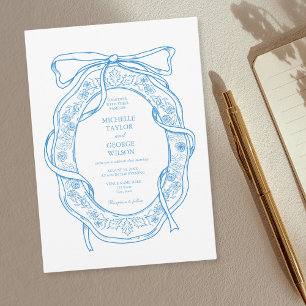 Classic Elegant French Blue Coquette Floral Bow Invitation