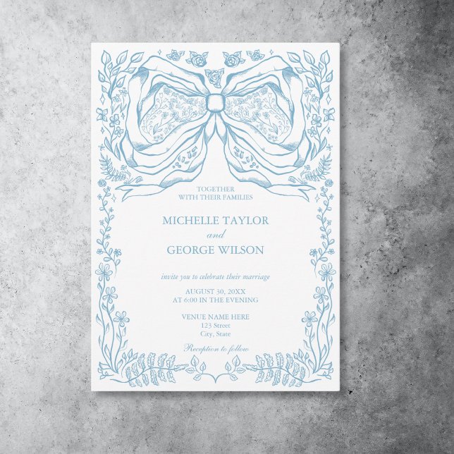 Classic Elegant French Blue Coquette Floral Bow Invitation (hand drawn bow floral french blue frame invitation)