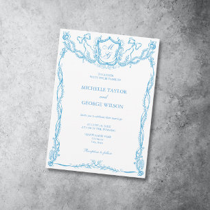 Classic Elegant French Blue Crest Monogram Bow Invitation