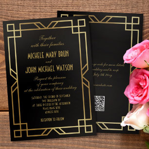 Classic Elegant Gold Black QR RSVP Wedding Invitation