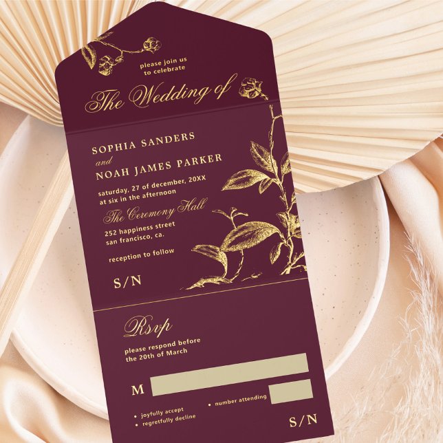 Classic elegant gold foil burgundy wedding RSVP All In One Invitation (Creator Uploaded)
