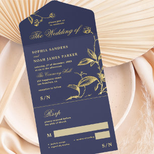 Classic elegant gold foil navy blue wedding RSVP All In One Invitation