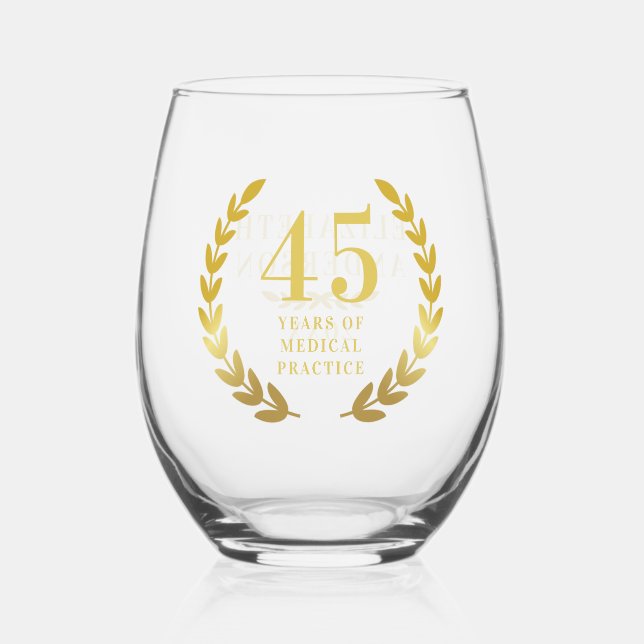 Classic Elegant Gold Wreath Anniversary Date Name  Stemless Wine Glass (Front)