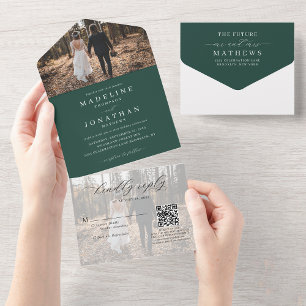 Classic Elegant Green 2 Photo QR Code Wedding All In One Invitation