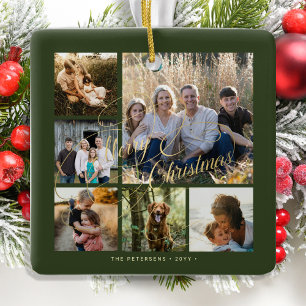 Classic elegant green gold 6 photo collage ceramic ornament