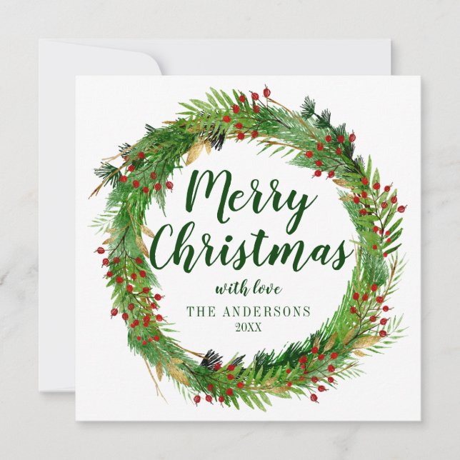 Classic Elegant Green Red Christmas Wreath Photo Holiday Card (Front)