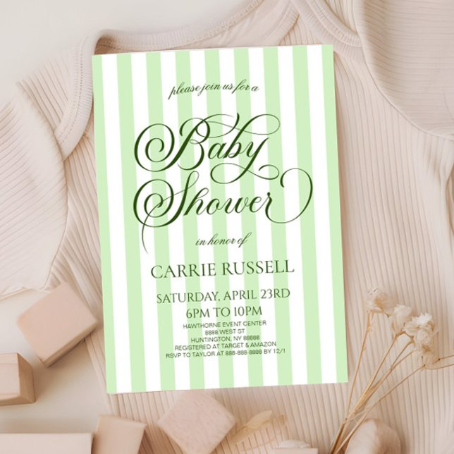 Classic Elegant Green Stripes Baby Shower Invitation (Creator Uploaded)