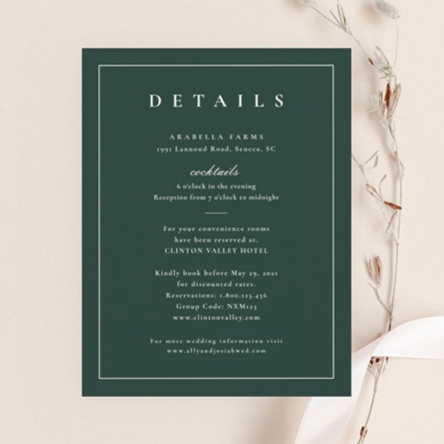 Classic Elegant Green Wedding Details Enclosure Card (Elegant Dark Green Wedding Details Enclosure Card.)