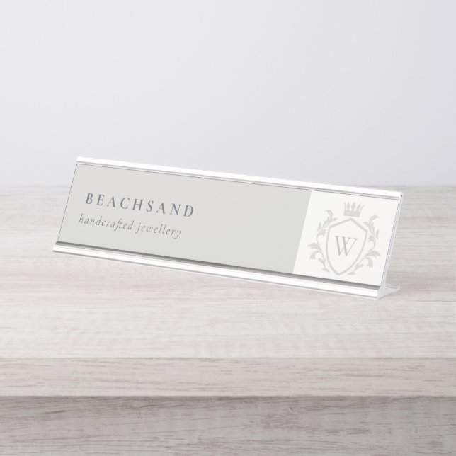Classic Elegant Grey Monogram Floral Crown Crest Desk Name Plate (Front)