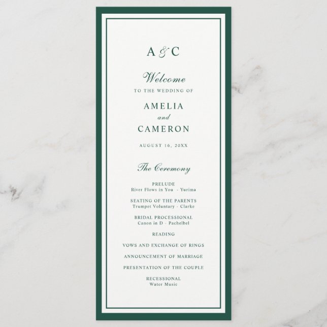 Classic Elegant Hunter Green Frame Wedding Program Programme (Front)